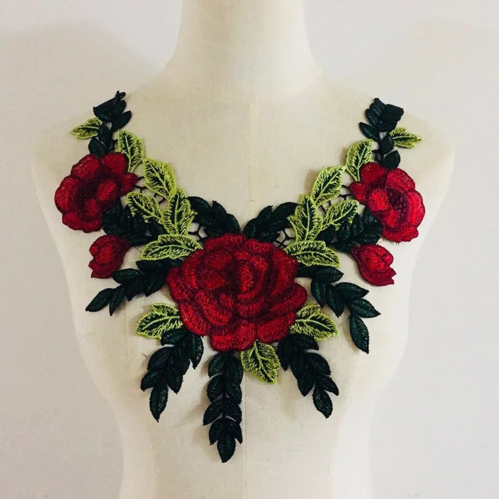 1 Pcs Red Rose Embroidered Neckline Patch For Dress DIY Clothing Sewing