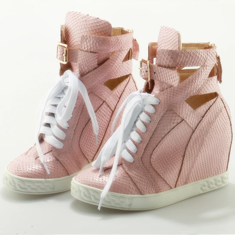 

Fashion Lace Up Zipper Women Boots Embossed Genuine Leather Patchwork Ankle Boots 8CM Height Increasing Cut-outs Women Shoes