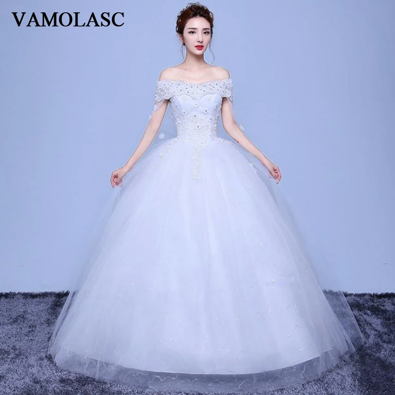 

VAMOLASC Crystal Boat Neck Ball Gown Lace Flowers Appliques Wedding Dresses Off The Shoulder Backless Bridal Gowns