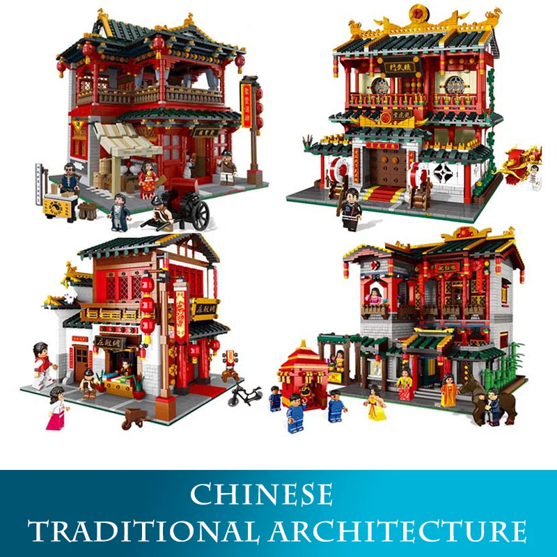 

01001-01004 2000pcs+ Chinese Traditional Architecture Model Building Blocks Martial Arts LegoINGLYs Bricks Toys