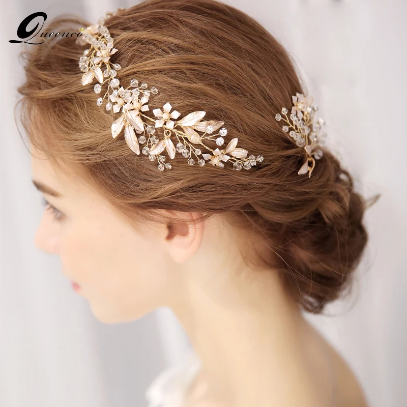 

QUEENCO Gold Bridal Headband Crystal Tiara Wedding Hair Accessories Hair Vine Bride Headpiece Handmade Hair Jewelry