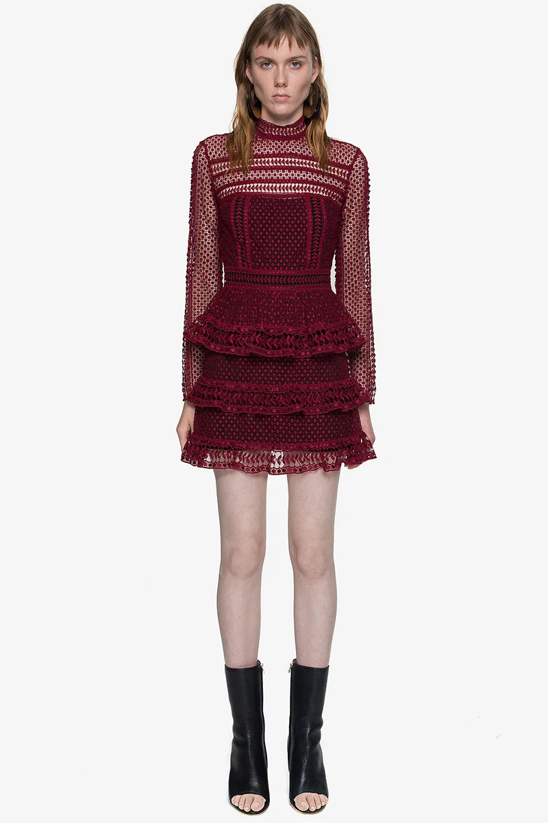 Red Black Turtleneck Lace Cutout Ruffle Dress
