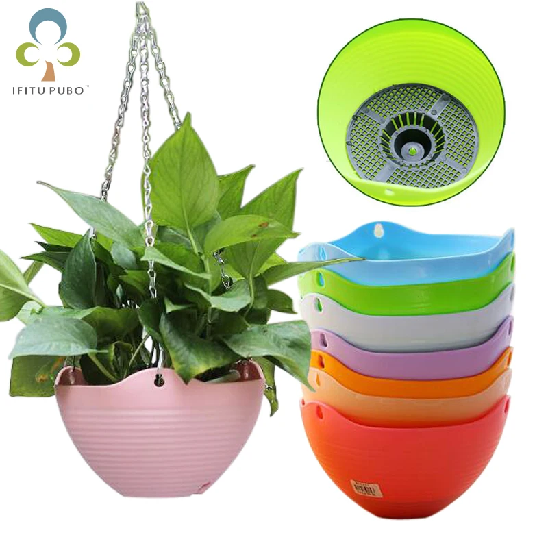 Round Plastic Hanging Basket Flower Pot Garden Plant Chain Planters Decorat /C Round Plastic Hanging Basket Flower Pot Garden Plant Chain Planters Decorat /C