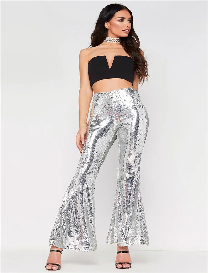 Echoine Women Shining Sequin Long Pants Fashion High Waist Slim Flare Bell Bottom Trousers Gorgeous Night Club Female Streetwear Echoine Women Shining Sequin Long Pants Fashion High Waist Slim Flare Bell Bottom Trousers Gorgeous Night Club Female Streetwear