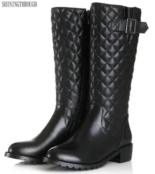 

2019 New genuine leather knee high boots autumn winter fashion leather boots women motorcycle boots large size 34-43