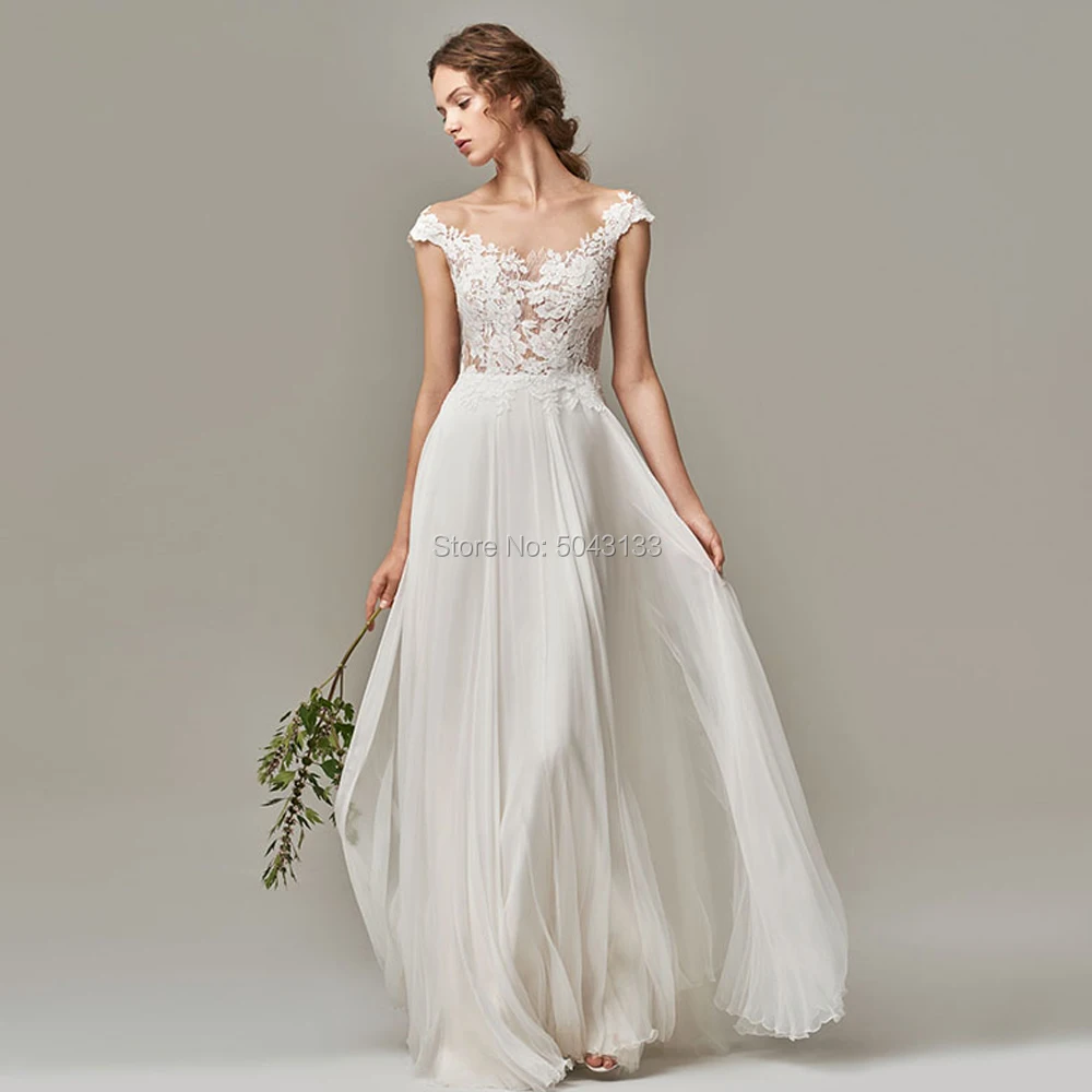 

Boho Wedding Dresses Scoop Neck Short Sleeves Lace Tulle Bridal Wedding Dress Floor Length Backless Vestido Noiva Free Shipping