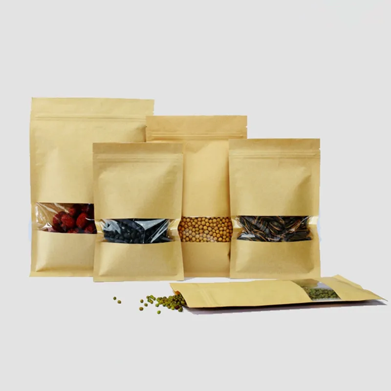 9 sizes samples Kraft Paper Flat Bottom Pouch with clear window Zipper