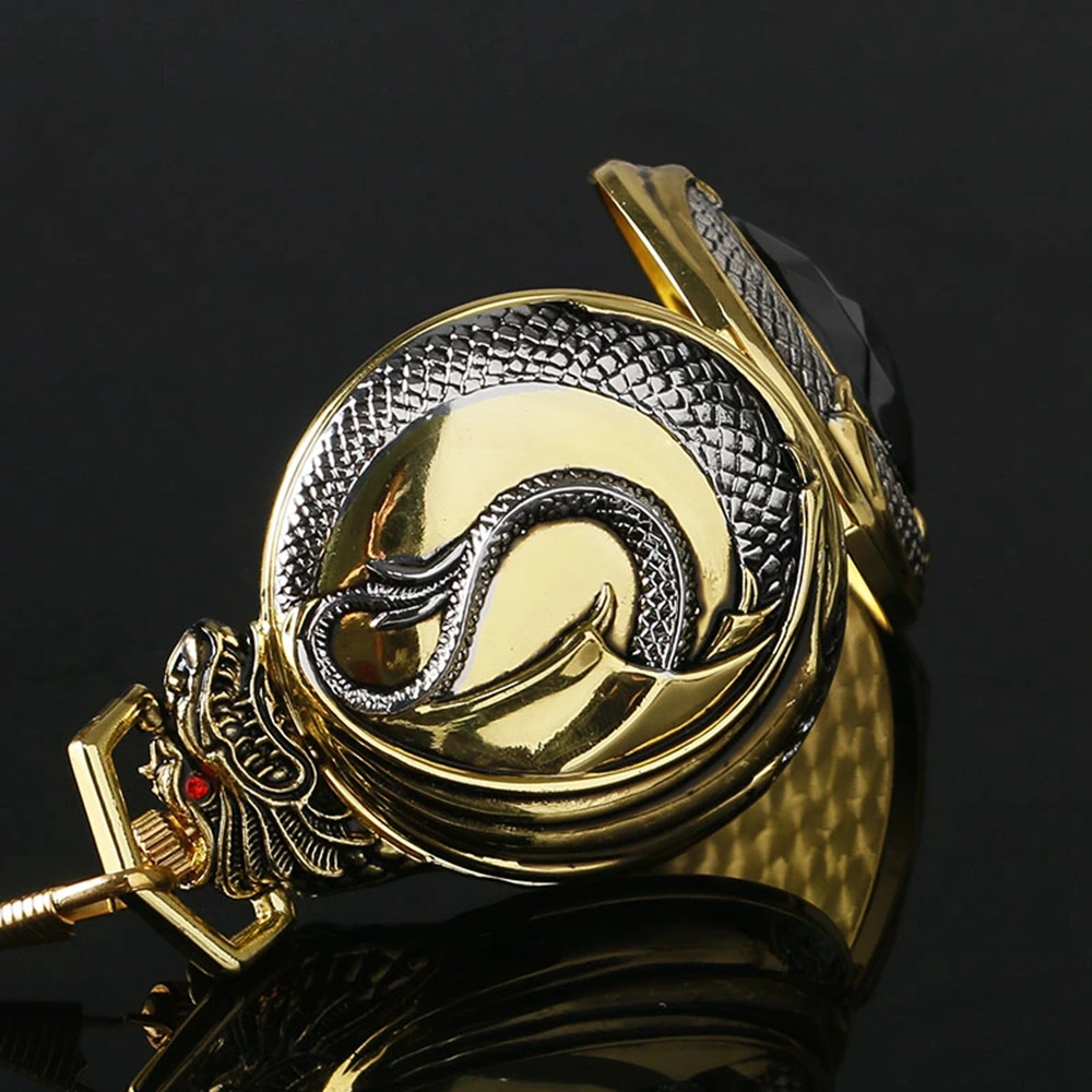 Luxury Evil Dragon Pocket Watch Red Garnet Inset Pendant Quartz Clock Gold Tone Case Black Dial Big Red Crystal New Relogio (17)