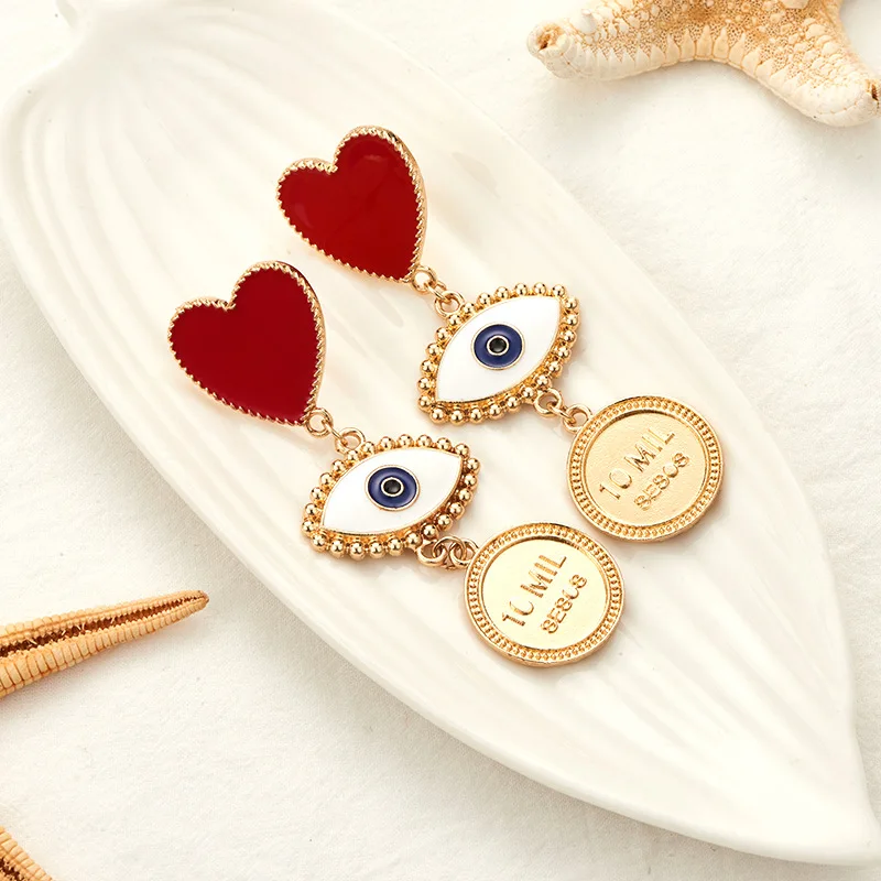 

Red Enamel Heart Evil Eye Women Dangle Earrings Drop Hanging Earring Fashion Punk Jewelry Gold Color Long Statement Boho MC007