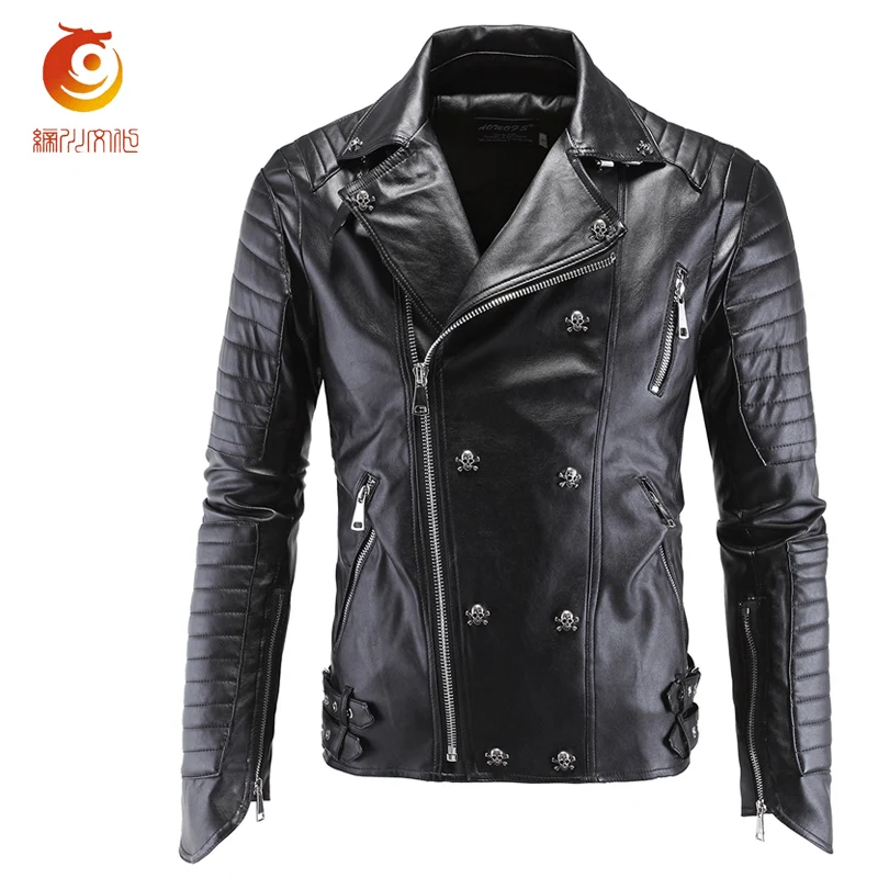 mens faux leather jacket Spring motorcycle leather jacket Mens Skull