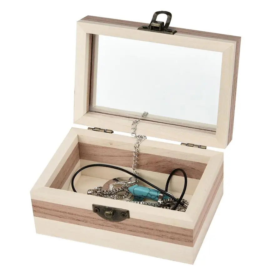 

Vintage Wooden Storage Box Jewelry Storage Box Ring Earrings Container Storage Case Love Mirror With Lock Case Holder Hot Sale