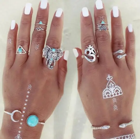 

8PCS/Set Boho Bohemia knuckle Ring Vintage Beach Elephant Rings For Women Men Carving Tibetan Silver Plated Joint Ring Set 2016