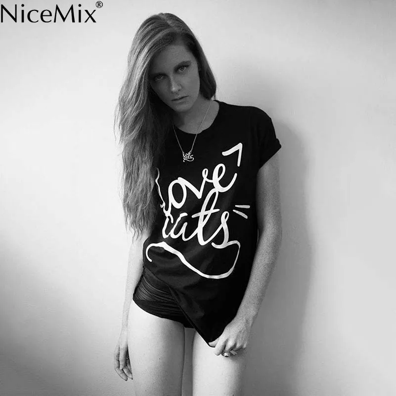 

NiceMix Brand New 2016 Summer Fashion Tops Tees Love Cats Women T-shirt Print T Shirt Black Harajuku Tshirt Camisetas Mujer