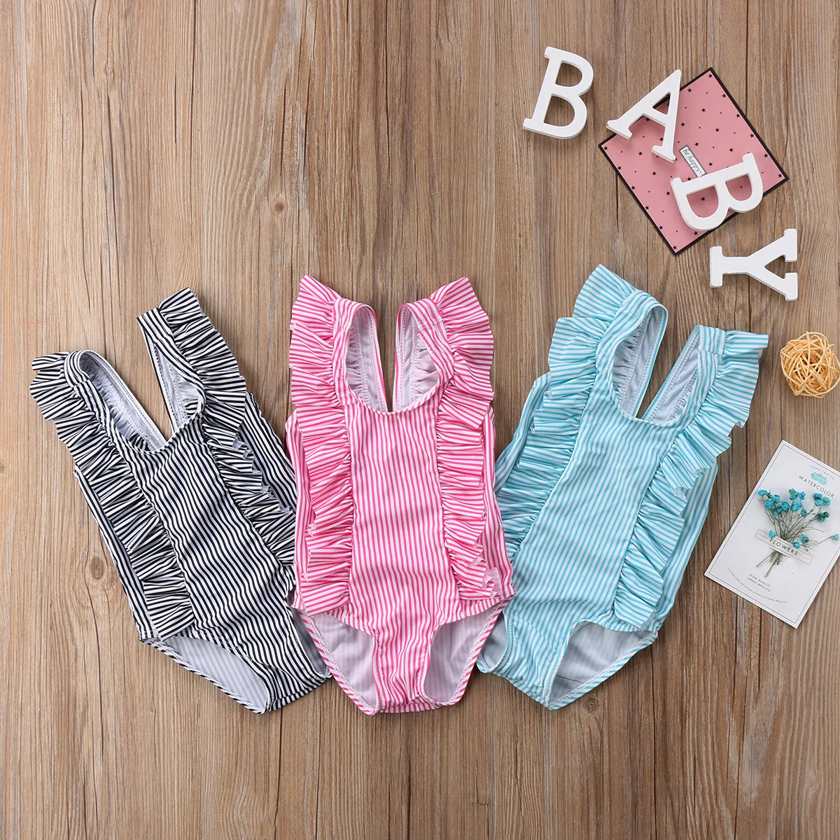 

Toddler Kid Baby Girls Swimwear Swimsuit Bikini Set Ruffles Striped Bathing Suit Newborn Beachwear Costume