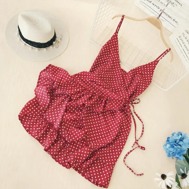 

Summer Women Ruffled V-collar Sleeveless Sling Dress Popular Polka Dot Prints Irregular Ruffled Holiday Vestidos