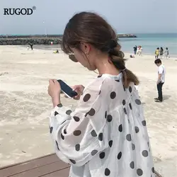 RUGOD 2019 весна лето женские с круглым вырезом в горошек прозрачная блузка с длинным рукавом свободный пляжный стиль causual lady
