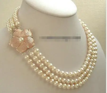 

Hot sale new Style >>>>>3 Rows Genuine White Pearl Pink Shell Flower Clasp Necklace