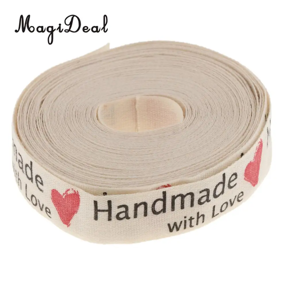 MagiDeal 5 Yards Hand Made with Love Heart Fabric Ribbon Gift Package Craft Decor