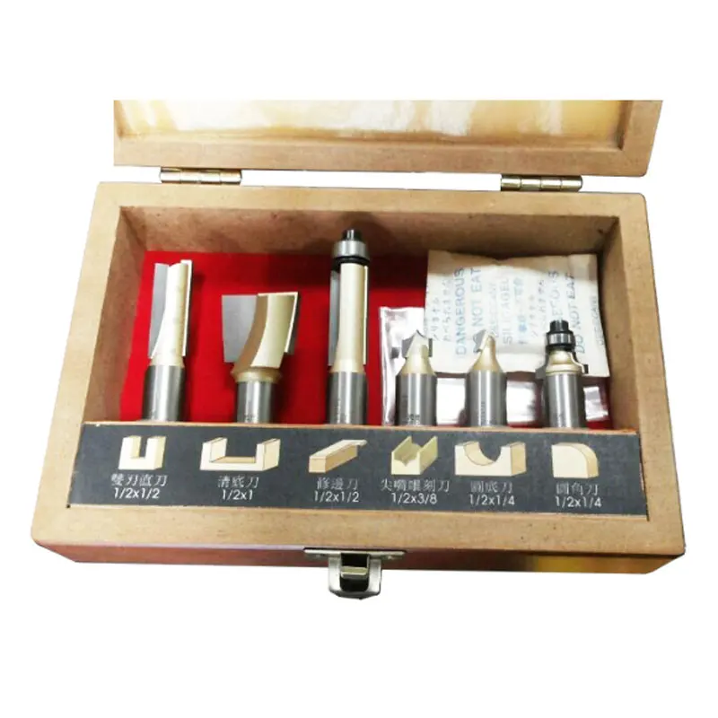 6PCS Professional 1/2" Shank CNC Router Bit Set with Wood Case Milling