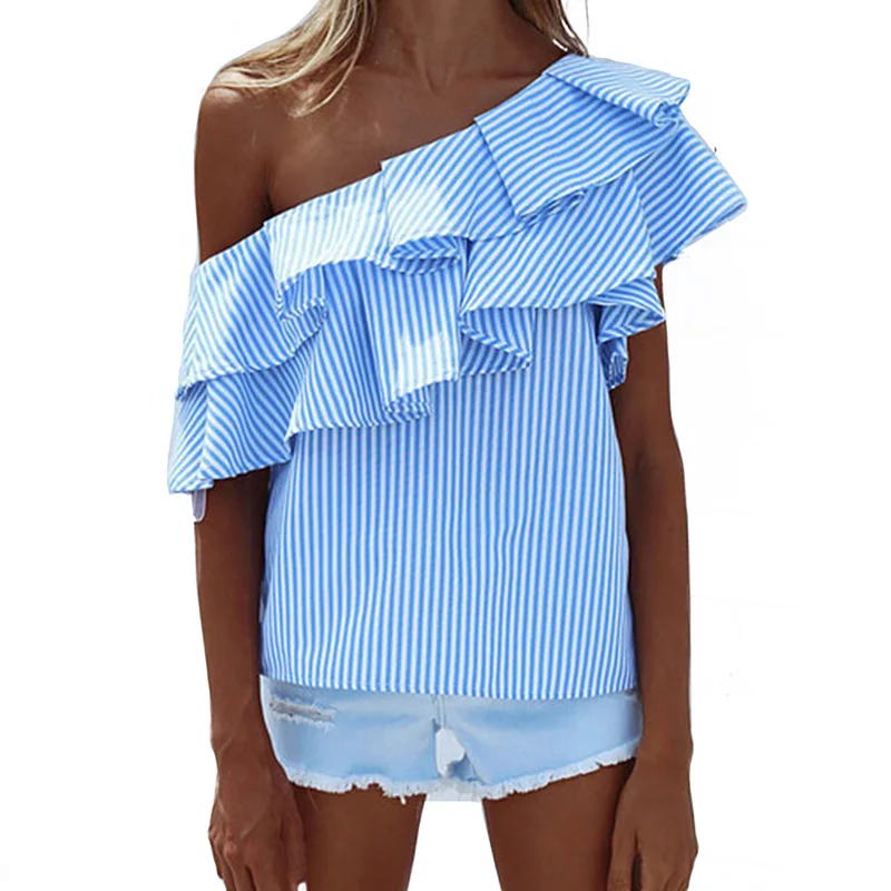 

2019 New Women tops Sweet Loose Off-The-Shoulder Backless Irregular Ruffled Striped Sexy Strapless Tops