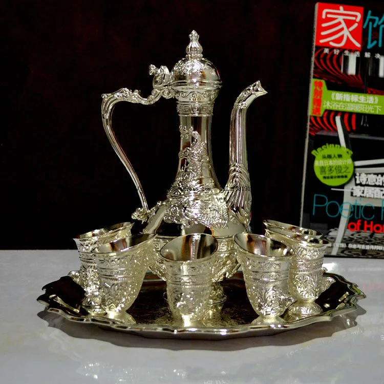 

8PCS per set rare antique silver alloy metal wine set wine jar cup tray drinkware bar set table decoration 323A