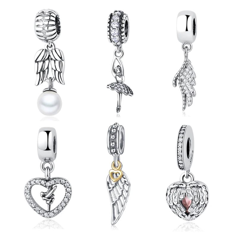

Original 925 Sterling Silver Bead Charm Angel Wing Feather Love Heart Vintage Beads Fit Pandora Bracelets & Bangles DIY Jewelry