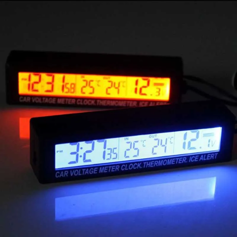 

MAYITR Car Thermometer Clock Orange/Blue LED Digital Indoor Outdoor Temperature Voltage Meter with Car Cigarette Socket