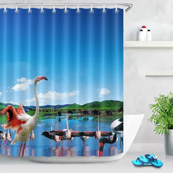 

LB Flamingo Lake Water Shower Curtain Animal Natural Scenery Bathroom Eco-Friendly Waterproof Polyester Fabric for Bathtub Decor