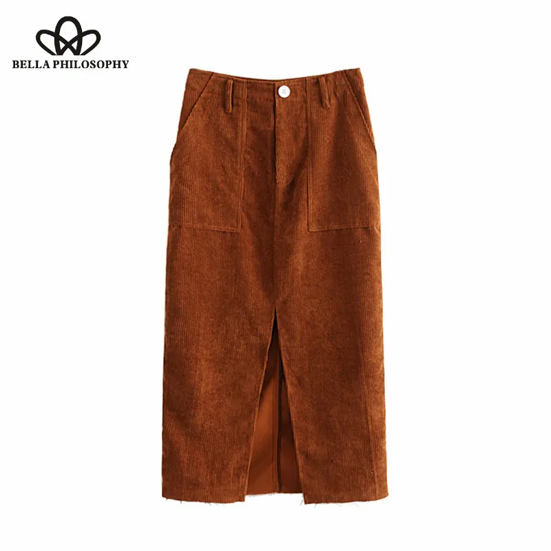 

Heydress 2019 new Vintage Chic Pockets Brown Corduroy Skirt High Waist Buttons Work Wear Ladies Slit Skirts Casual Faldas Mujer