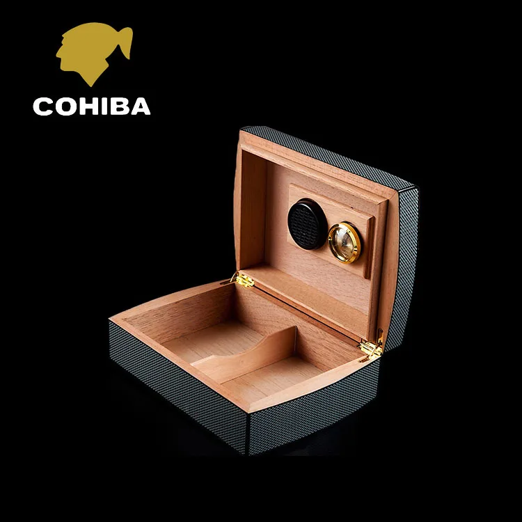 Luxury Black Carbon Fiber Cedar Wood Cuban Cigar Humidor MINI Storage