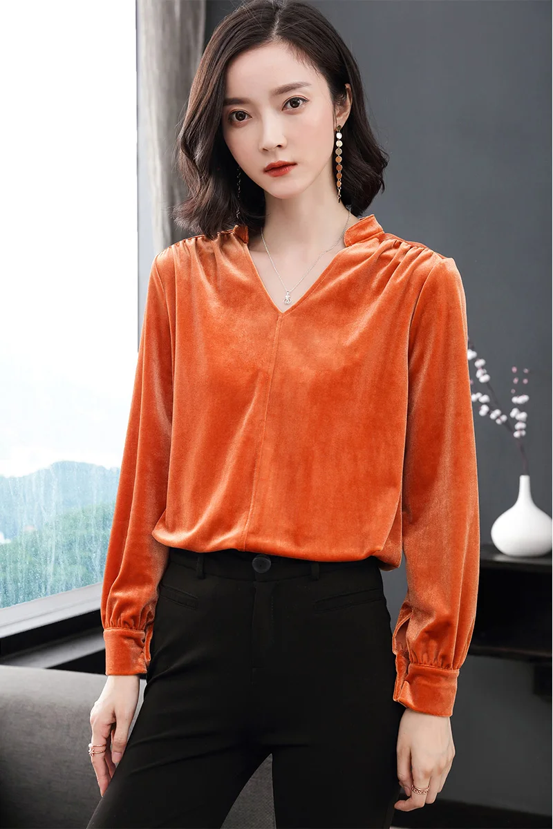 Модные эластичные бархатные женские топы и блузки осенние кимоно Модные женские рубашки с длинным рукавом Женские топы Blusas Feminina - Цвет: Оранжевый