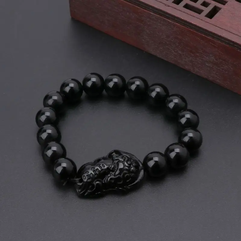 Feng Shui с черным натуральным камнем обсидиан браслет с писю привлекать богатство и удачи подвески ювелирные изделия для Для женщин& Для мужчин