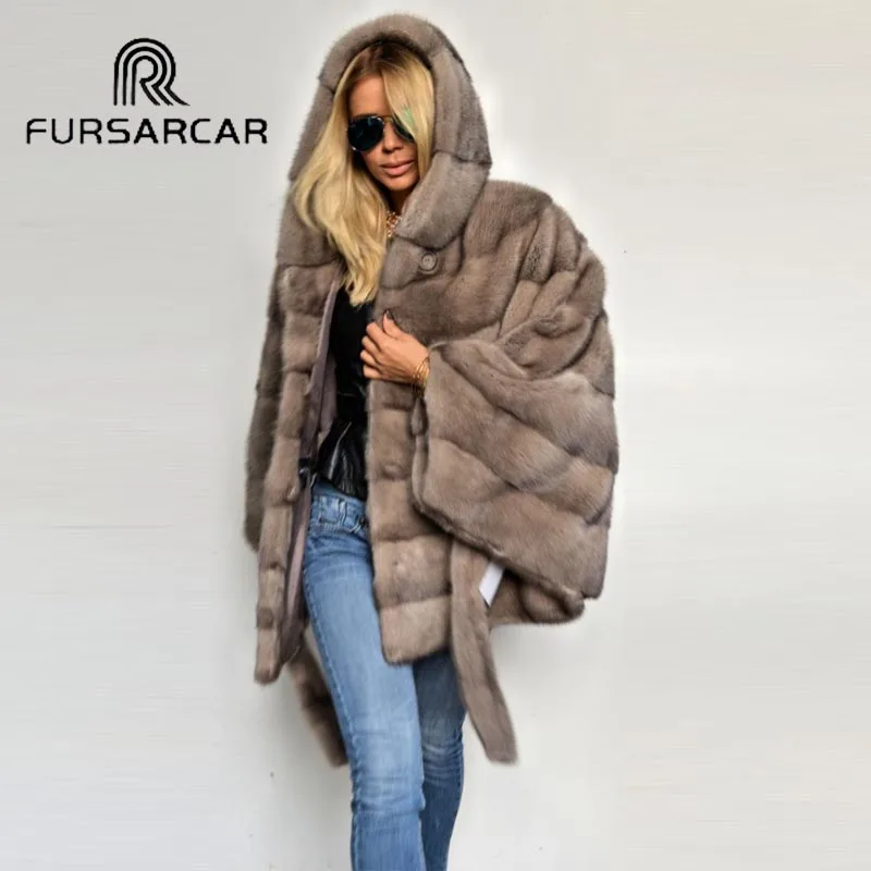Новое поступление шубы FURSARCAR из натуральной норки женская шуба с меховым