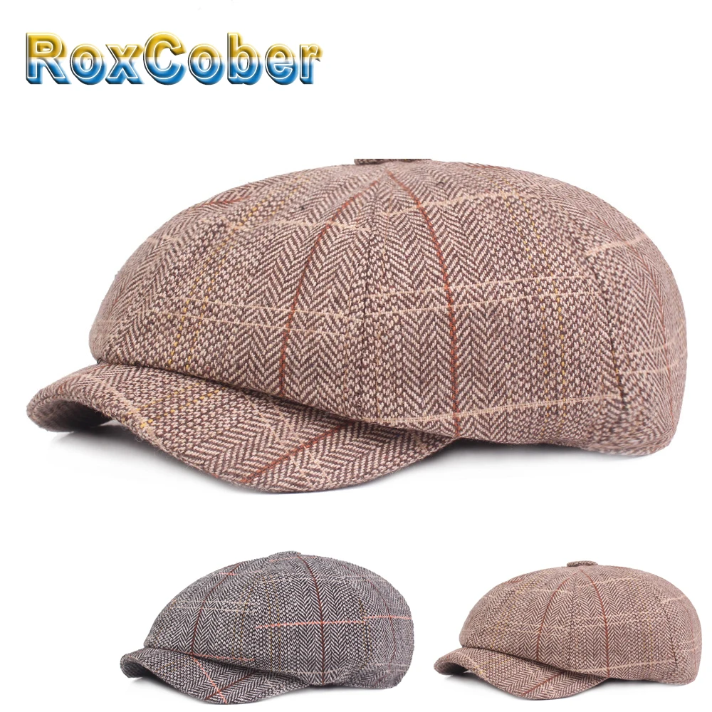 

RoxCober vintage Men Women Octagonal Cap flat Cap outdoor travel berets newsboy cap Herringbone Plaid Gatsby Hats 308