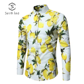 

Trend Fruit Lemon Print Long Sleeve Shirt Fashion Casual Lapel Long Sleeve Shirt 2018 New Quality Long Sleeve Shirt