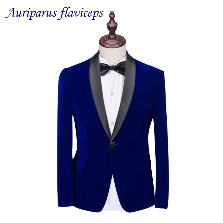 2 pieces Blue Velvet Man Suits Pattern Prom Tuxedos Suit Tailored Wedding Suits With Shawl Lapel Jacket Black pant