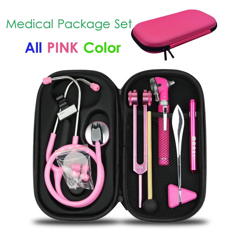 

Pink Medical Hard Carrying Storage Case Bag Pouch and Stethoscope Otoscope Tuning Fork Reflex Hammer LED Penlight Torch Tool