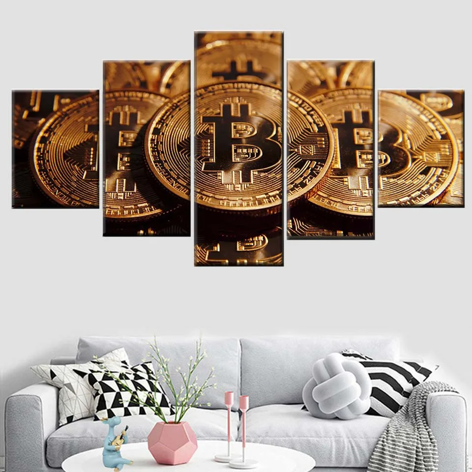 

Nordic wall art deco 5 pieces bitcoin coin money painting on canvas print type picture home decoration poster artwork frame