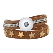 Новая мода SE0173 коричневые звезды 2 слоя Кристалл из натуральной кожи браслеты с застежкой 40 см подходят 18 мм кнопки "сделай сам" аксессуары