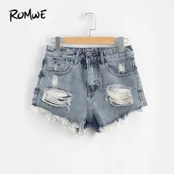ROMWE Синие рваные джинсовые шорты летние модные синие с высокой талией женские шорты с ширинкой на пуговицах рваные шорты