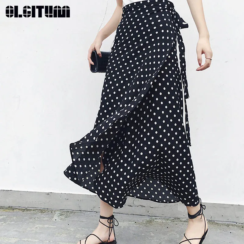 

New 2019 Summer Female Retro High Waist Was Thin One-Piece Straps Wave Long Chiffon Women Skirt SK384