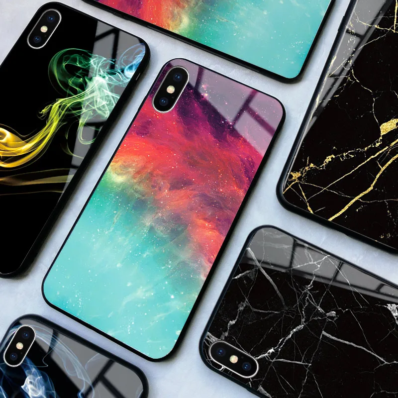 

HG Designer Phone Case For iPhone 5 5s SE 6 6S 7 8 Plus 11 Pro X XR XS Max Tempered Glass Silicone Nebula Marble Smoke Pattern