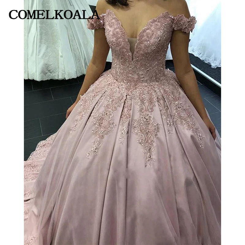 Розовые платья Quinceanera Пышное Бальное Платье с открытыми плечами кружево с аппликацией и бисером роскошные сладкий 16 Платья Плюс Размеры платья на 15 лет