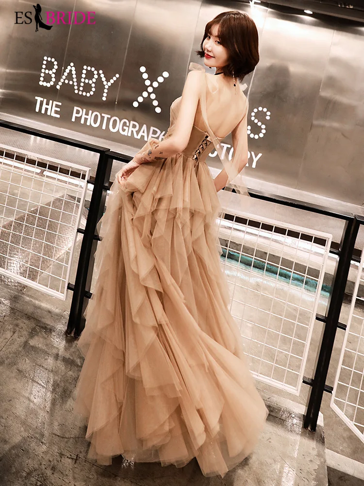 Luxury Champagne Evening Dresses Long Sexy Sleeveless Evening Dress Arabic 2019 Student Party Formal Dress Women Elegant ES2421