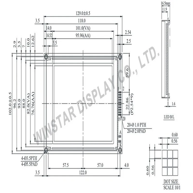 WG160128B WINSTAR-монохромный графический ЖК-дисплей 160x128 с точечной матрицей 129x102 и 95,96x75,76 мм с синей подсветкой