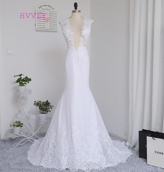 

Vestido De Noiva 2019 Beach Wedding Dresses Mermaid Deep V-neck Sweep Train Lace Vintage Wedding Gown Bridal Dresses Real Photos
