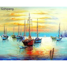 Закат Лодка DIY живопись по номерам морской пейзаж современные стены книги по искусству ручная роспись маслом на белье для декор в гостиную