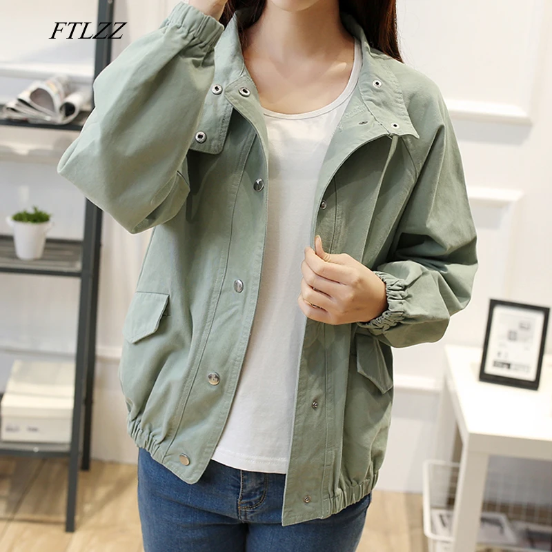 

FTLZZ Women Spring Casual Loose Jacket Single Breasted Female Solid Baseball Uniform Bomber Jacket Coats Lady Outerwear