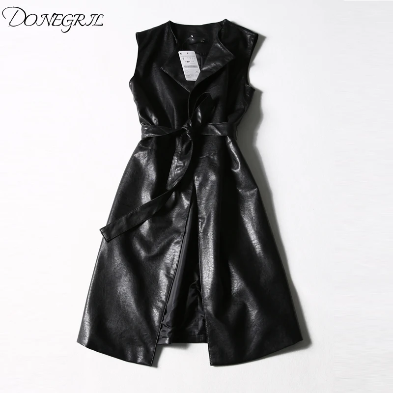

2018 New leather belt vest women's autumn coat long leather windbreaker PU skin thin waist