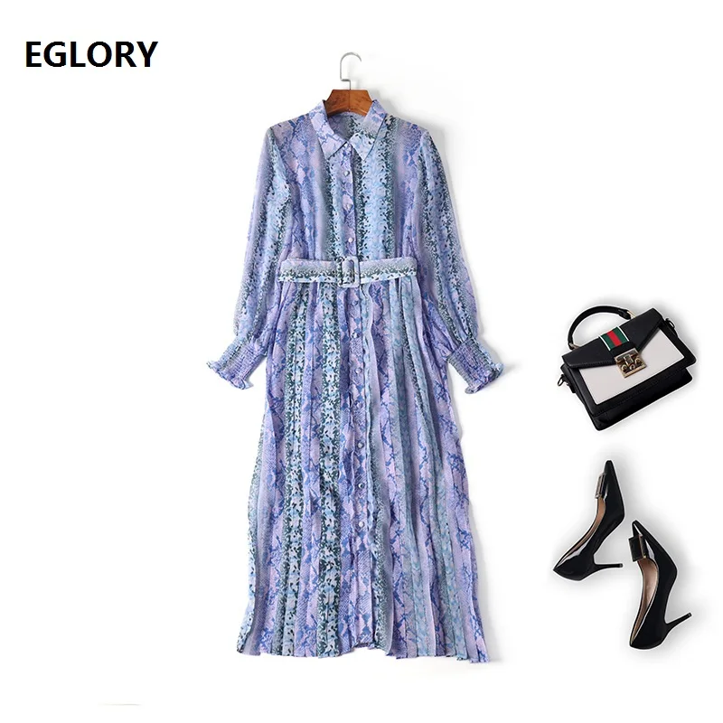 

Newest Fashion Dress 2019 Spring Summer Casual Work Dress Ladies Turn-down Collar Wild Snake Print Blue Pink Long Shirt Dress
